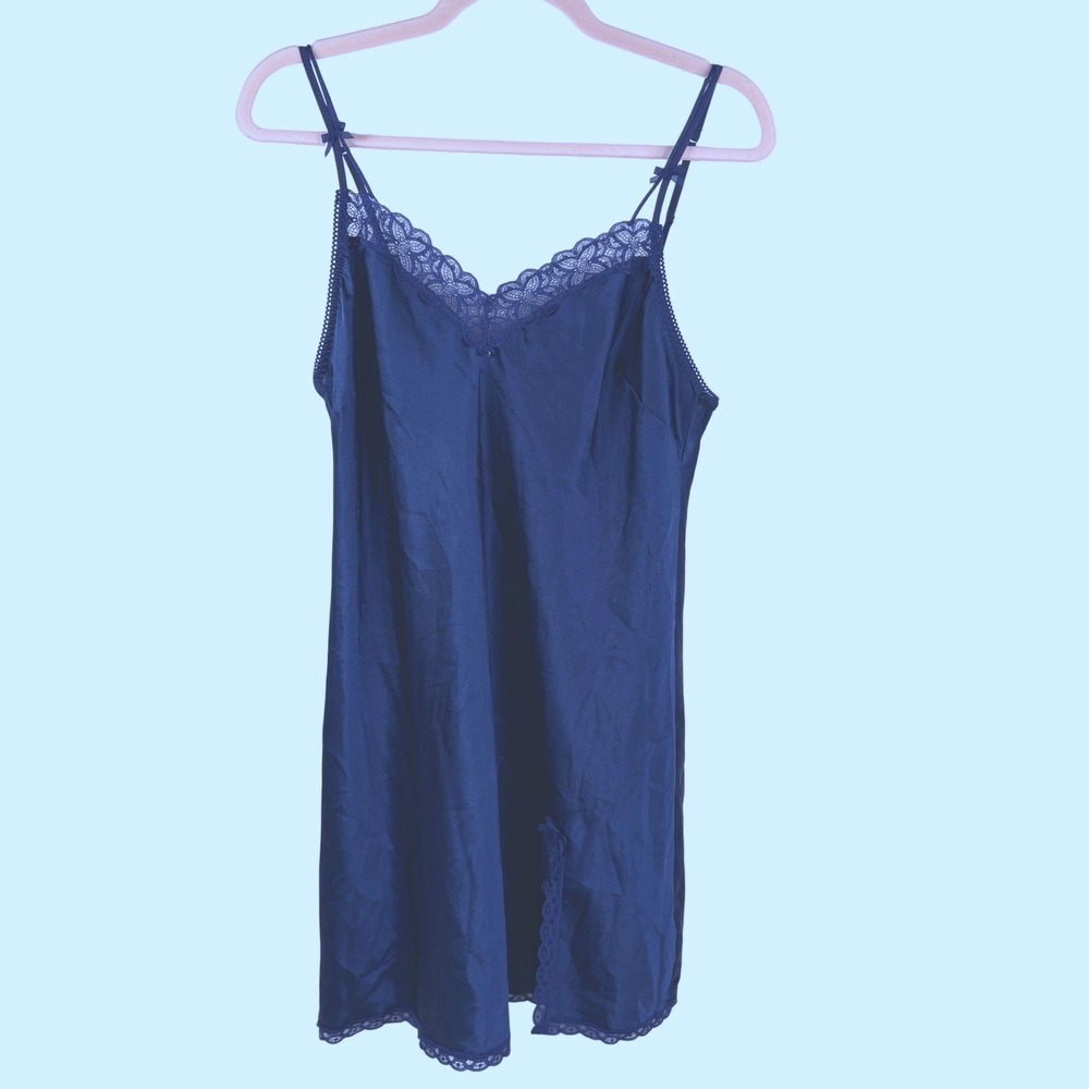 Victoria Secret Slip Dress Womens L Navy Blue Lace Satin Coquette Lingerie